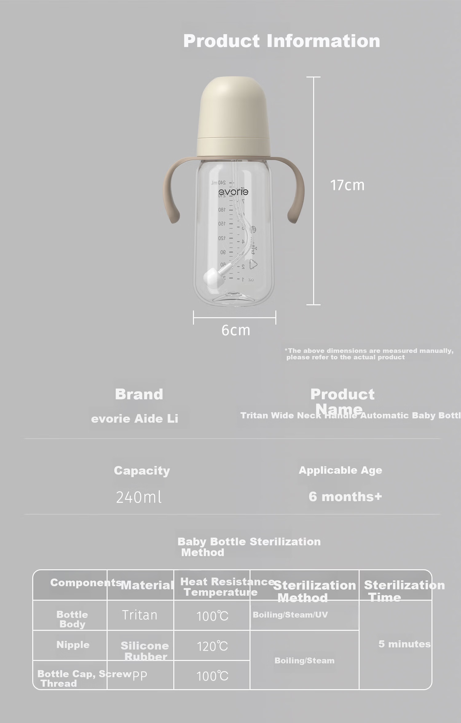 Evorie Exquisite Series Tritan Baby Bottle Wide Neck 240ml Milk Apricot White (6 Months+) 4