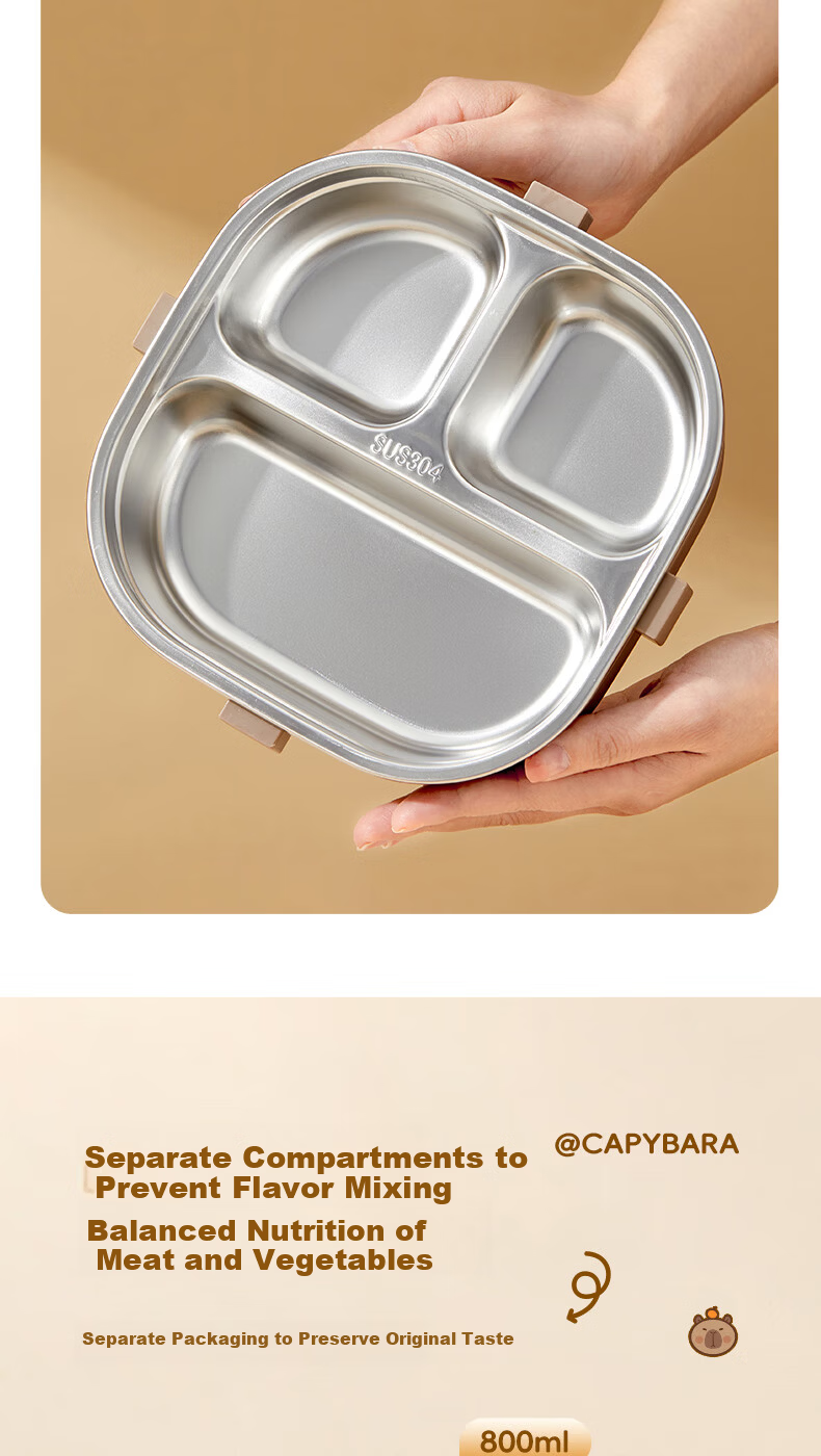 WORTHBUY Insulated Lunch Box 304 Stainless Steel Elementary School Cafeteria Divided Tray with Utensils Portable Bento Box Brown 3 3