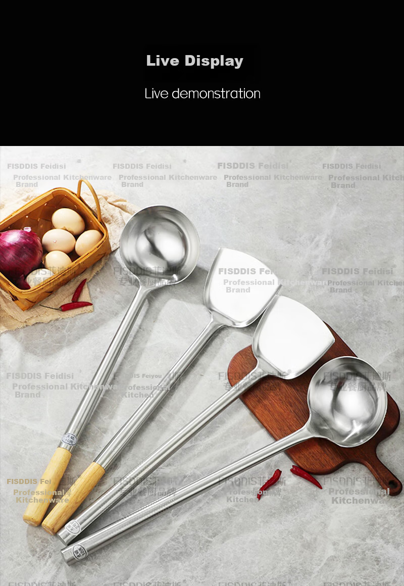 FISDDIS Extra Thick Stainless Steel Stir Fry Ladle 6 Liang Wooden Handle Commercial Cooking Spoon Long Handle Chef Ladle Water Scoop 16