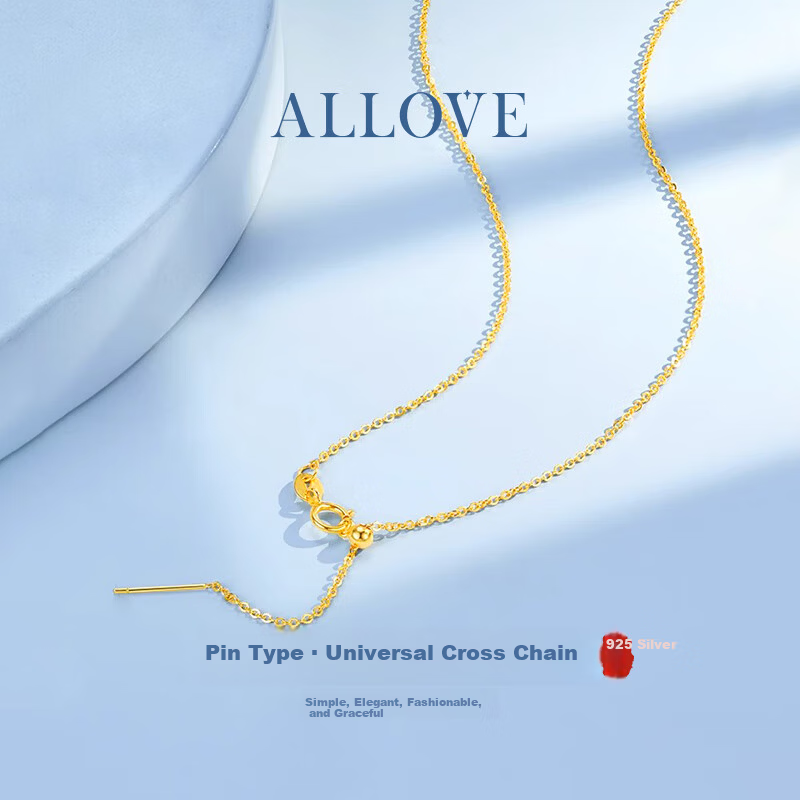 ALLOVE Women's Pure Silver Cross Chain Universal Chain Pin Gold Color No Pendant Clavicle Chain Replacement Bare Jewelry