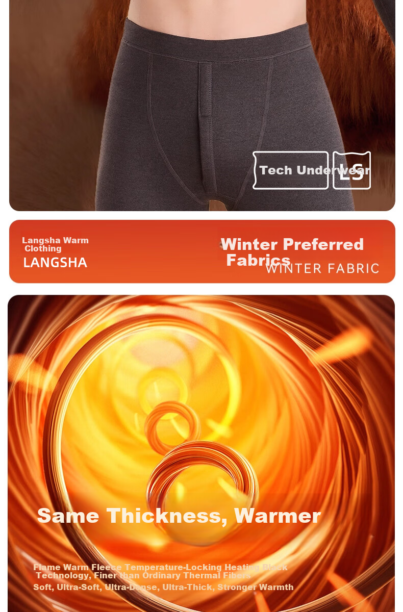 LangSha Men's Thermal Underwear Winter Fleece Thickened Cotton Base Layer Warm Crew Neck Gray 2XL 2