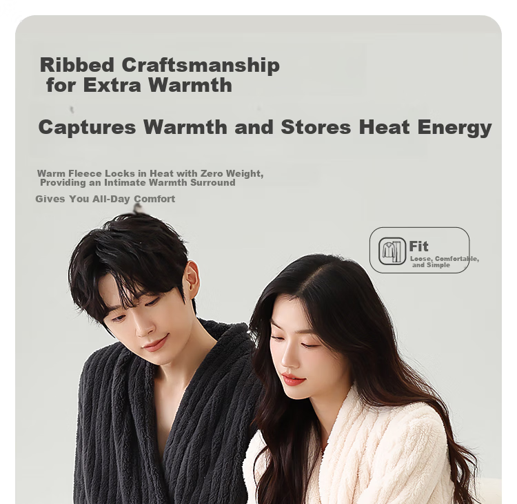 MiiOW [Warm Long Plush] Women's Couple Sleepwear Autumn Winter Striped Long Warm Simple Bathrobe Beige 8