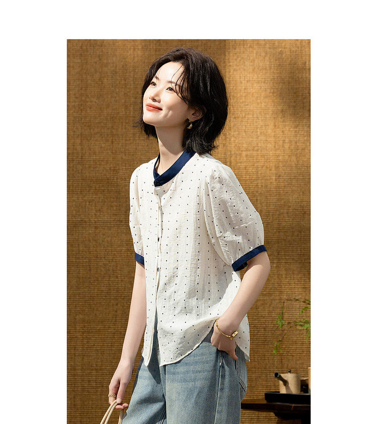 Demana Oxygen Linen Summer Fresh Plaid Color-Block Stand Collar Short Sleeve Loose Slim Women's Shirt 6