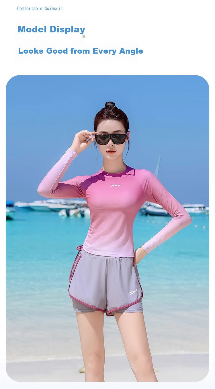 Xtep Women's Two-Piece Gradient Long Sleeve Conservative Student Swimsuit Slimming Vacation Beachwear 11