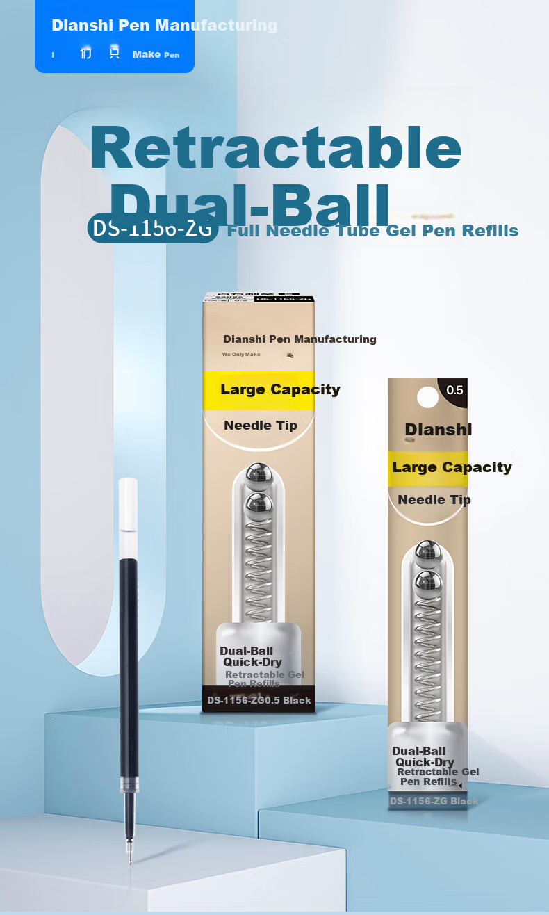 Dianshi Dual Ball Click Retractable Gel Pen Refill 0.5mm Needle Tip Large Capacity for Students Office Homework Signature Pen Refills 1156-ZG [Black] 12pcs/Box 2