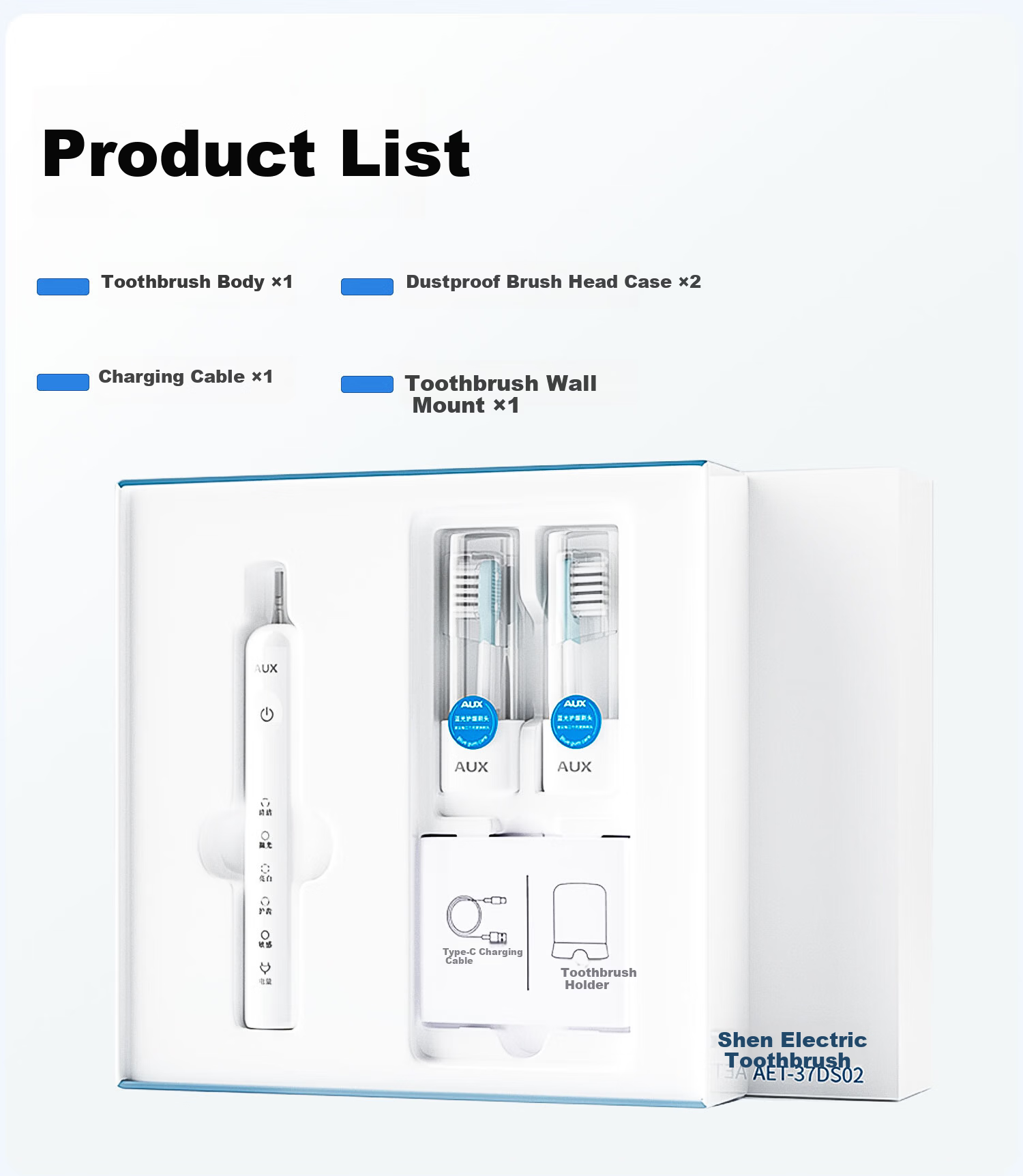 AUX Blue Light Sonic Electric Toothbrush S02 White + 2 Brush Heads Long Battery Life Soft Bristles Comfortable Whitening Deep Cleaning Gum Care Birthday Gift 16