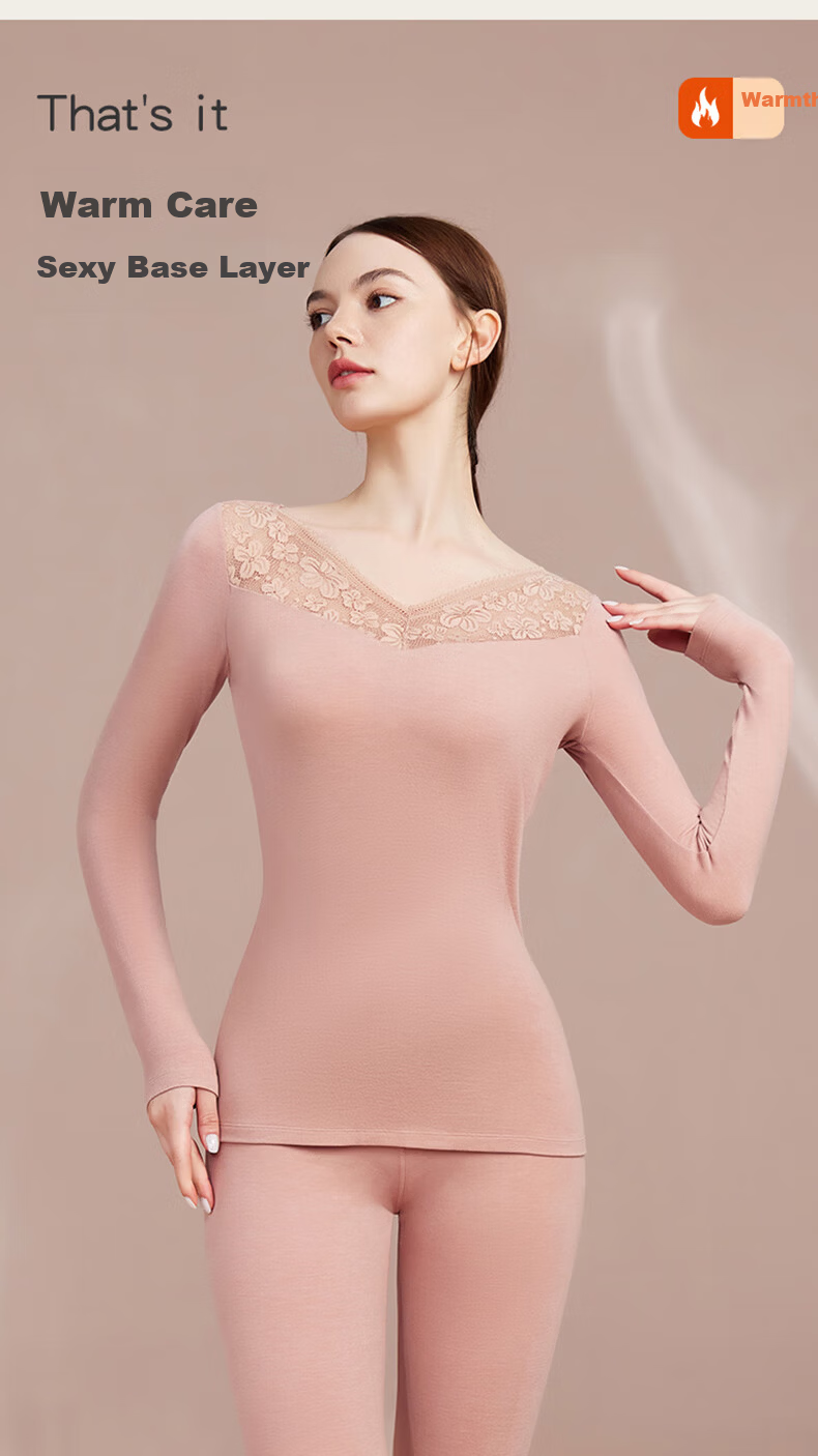 Qiulu Women's Thermal Underwear Autumn Winter Base Layer Comfortable Slim Fit V-Neck Top and Bottom Set Lotus Pink M 3