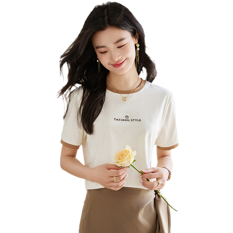 Taxiang Women's Short-Sleeve T-Shirt with Contrasting Color Letter Print, Simple Versatile Base Layer Top T143T1386