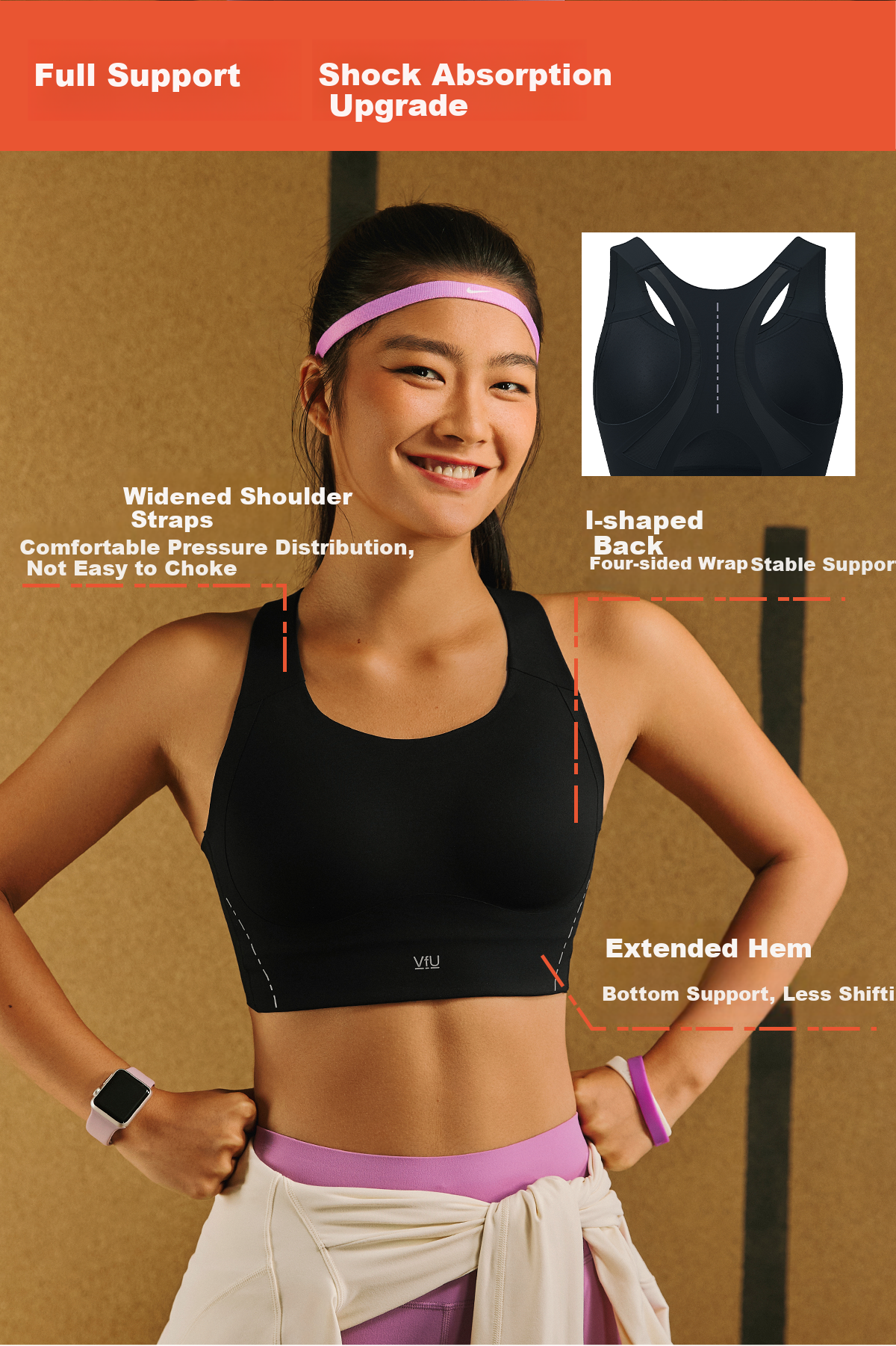VFU Stick-On Cup High-Strength Sports Bra Integrated Fit Quick-Dry Strong Support Running Fitness Milk Apricot L 7