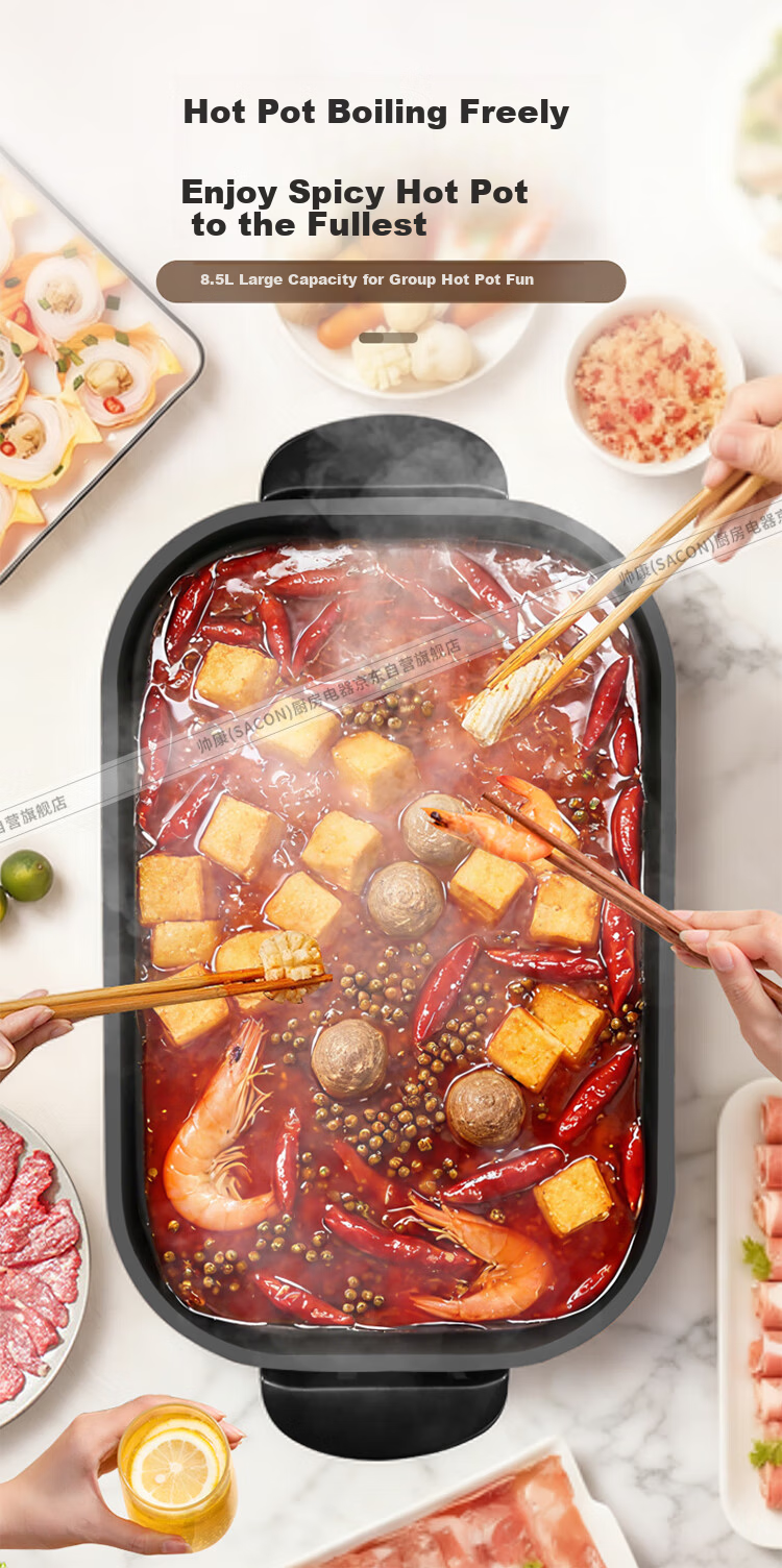 Sacon Electric Hot Pot Multifunctional Electric Frying Pan Grilled Fish Electric BBQ Stove Household Smokeless Electric Grill Large Capacity Non-stick Electric Skillet ML-8010C 8