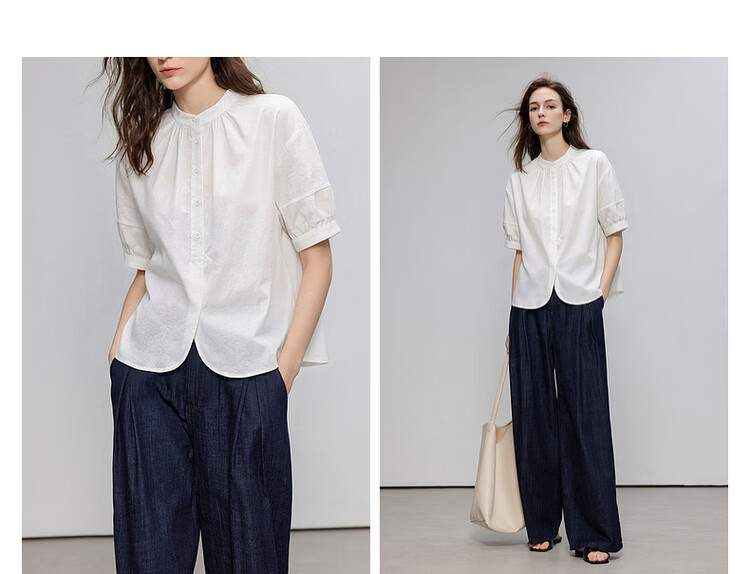 Demana [Oxygen Pure Cotton] Summer Simple Style Gathered Small Stand Collar Lantern Sleeve Curved Hem Loose Slim Women's Shirt 6