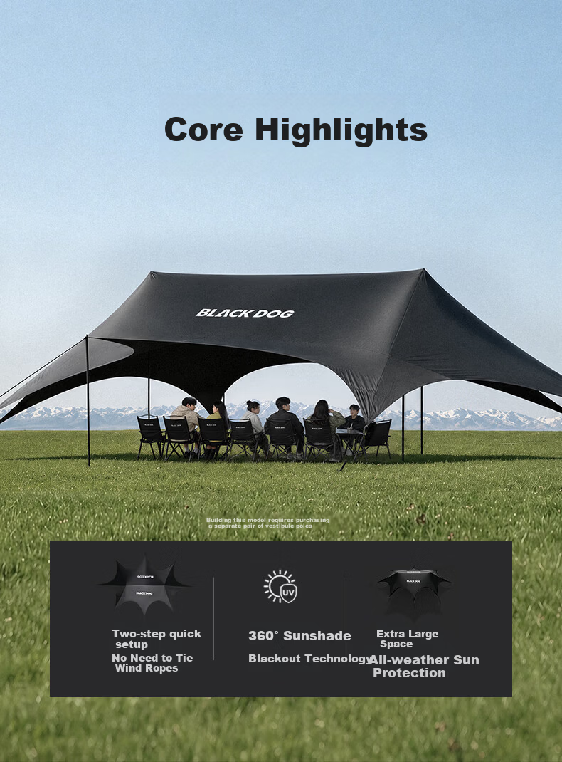Black Dog Titanium Black Vinyl Canopy Windless Outdoor Camping Tent Sunshade Rainproof Shelter Medium 26㎡ 5
