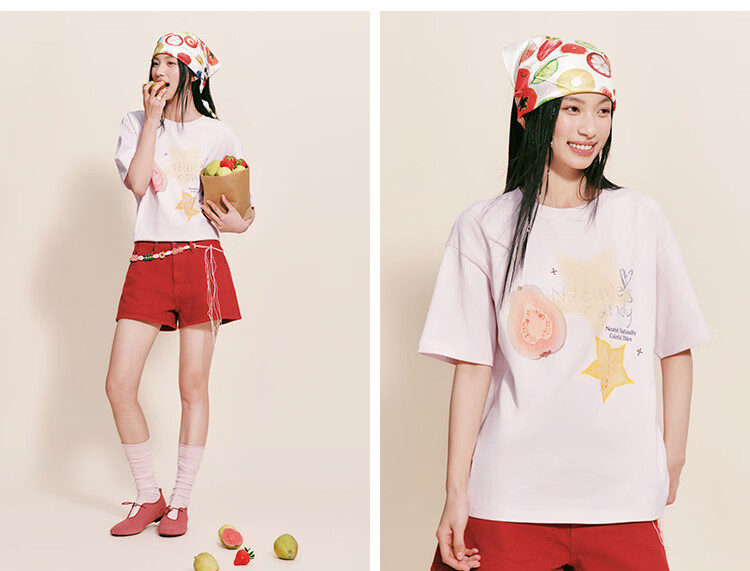 Semir Women's Summer Short Sleeve T-Shirt Mid-Length Loose Pure Cotton Rhinestone Fruit Pullover 2026 109326100028 9