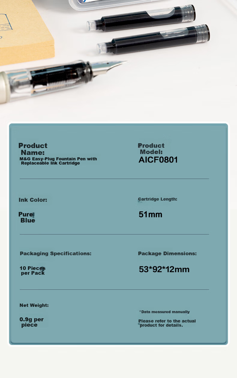 M&G Stationery Fountain Pen Ink Cartridges Refillable Ink Cartridges Disposable Fountain Pen Ink Refills Easy to Insert and Replace 10-Pack Pure Blue 9