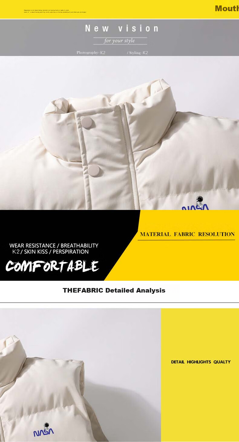 NASA MARVEL Cotton Vest Autumn Winter Men's Sleeveless Thick Warm Half-Sleeve Jacket Stand Collar Couple Style Black XL 2