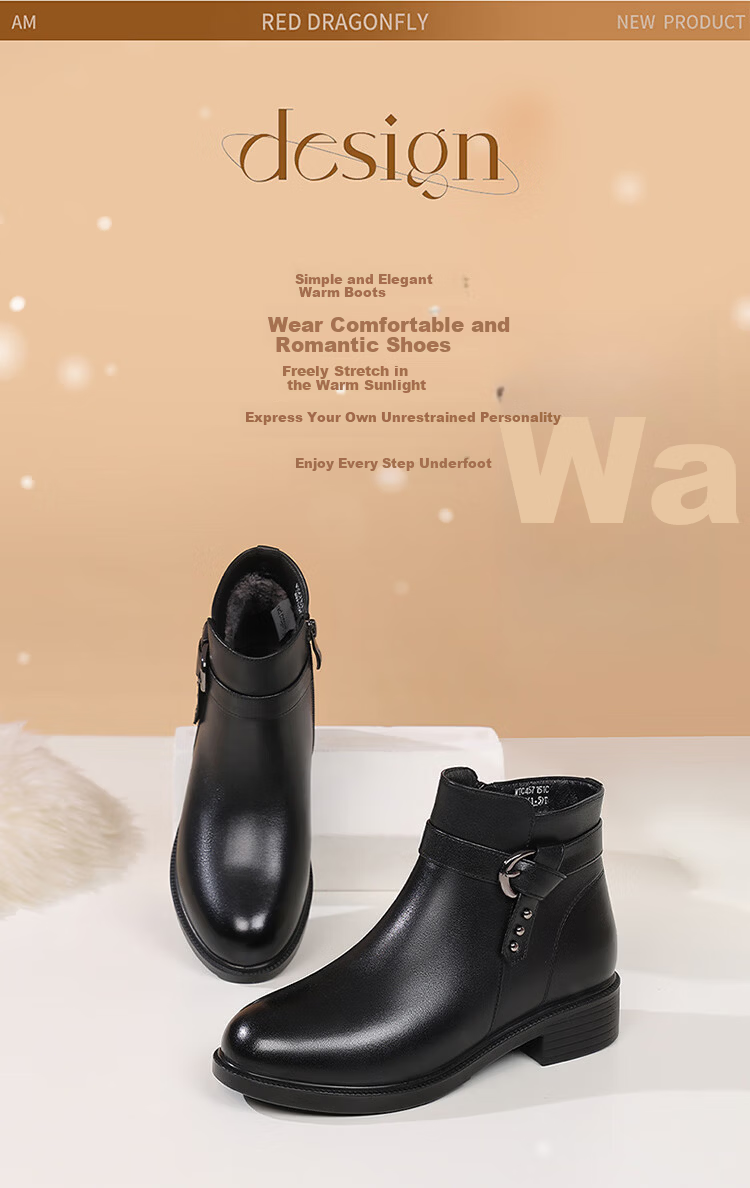 Red Dragonfly Women's Winter Fleece-Lined Warm Chunky Heel Mom Cotton Boots Commuter Lightweight Soft Sole Leather Boots WTC457151C Black Size 39 2