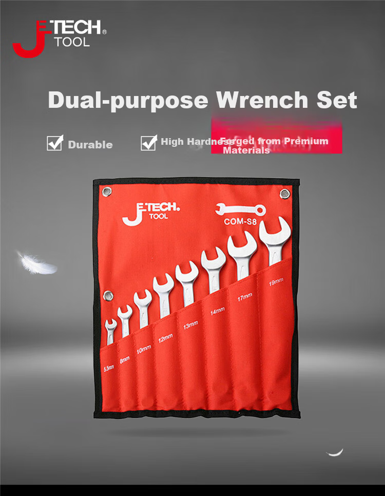 JETECH Dual-Use Wrench Set, Combination Open-End and Box Wrenches, 8-Piece Household Mechanical Repair Tool Set COM-S8 1