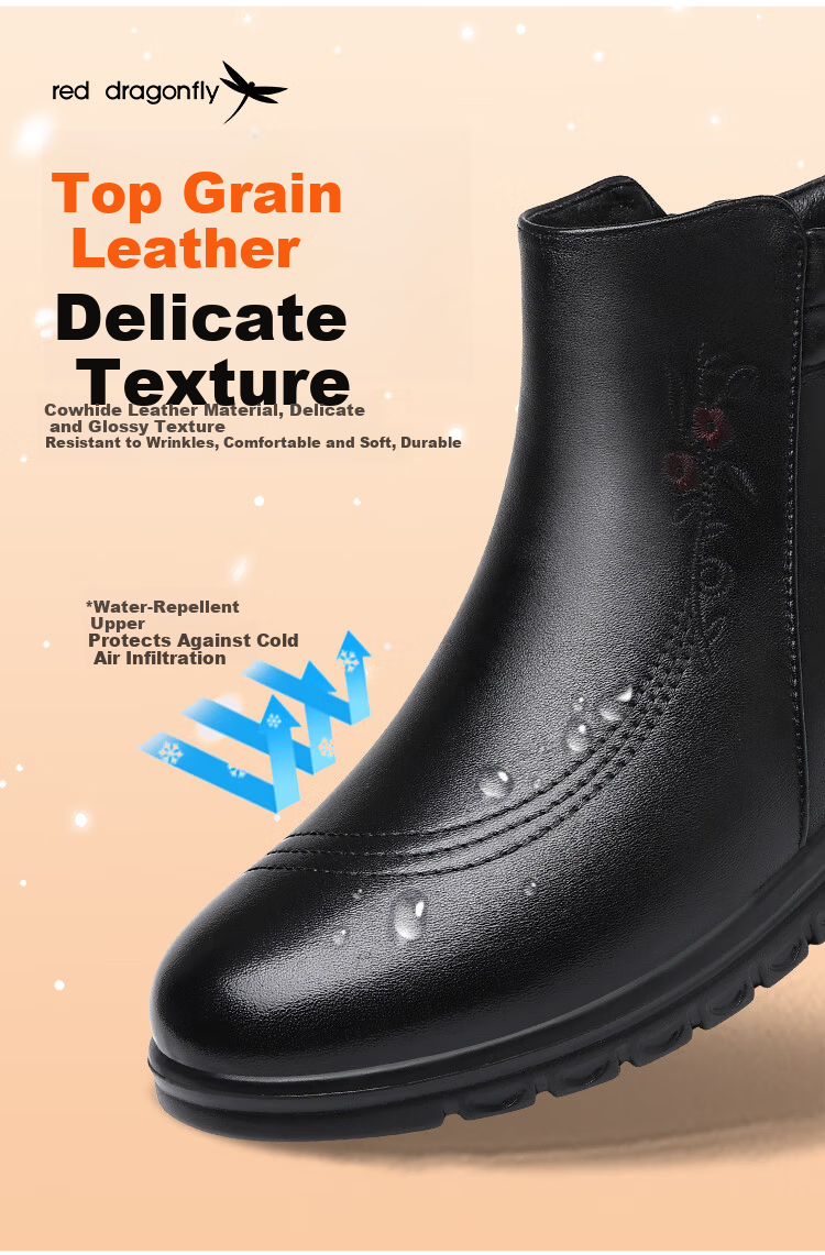 Red Dragonfly Women's Short Boots Fleece Lined Warm Slim Fit Elegant Middle-aged Mom Leather Boots WTC437681Z 7