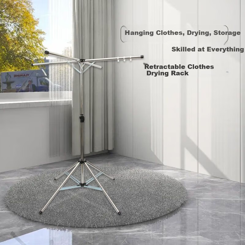 Baoyouni Stainless Steel Floor Clothes Drying Rack, No Installation, Foldable Indoor Outdoor Mobile Garment Rack for Hanging Clothes and Quilts