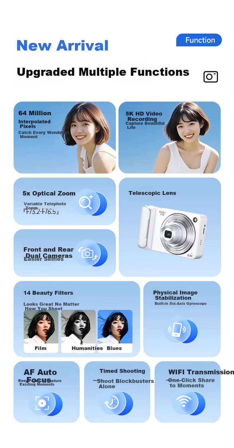 CAIZU Z42 Digital Camera, 96 Megapixels, Dual Front And Rear Cameras, Optical Zoom with Inward-Extending Lens, 5K Video Beauty Alternative CCD Card Camera, Gift for Boys And Girls 5