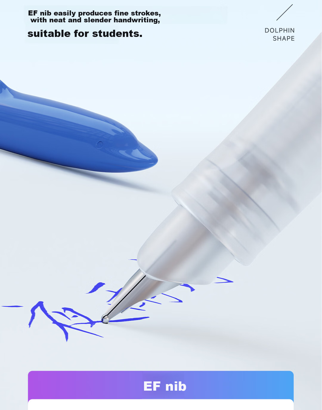 Dianshi Deep Sea Dolphin Student Fountain Pen No Ink Splash EF Nib Correct Posture Ink Cartridge Back to School Essential 790 Dark Blue Erasable Ink 8