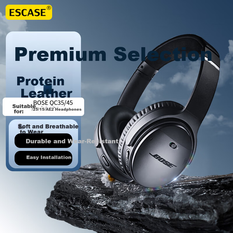 ESCASE Replacement Ear Pads for Bose QC45 QC25 QC35 Noise Cancelling Headphones, Protein Leather, Black, 1 Pair with Storage Case