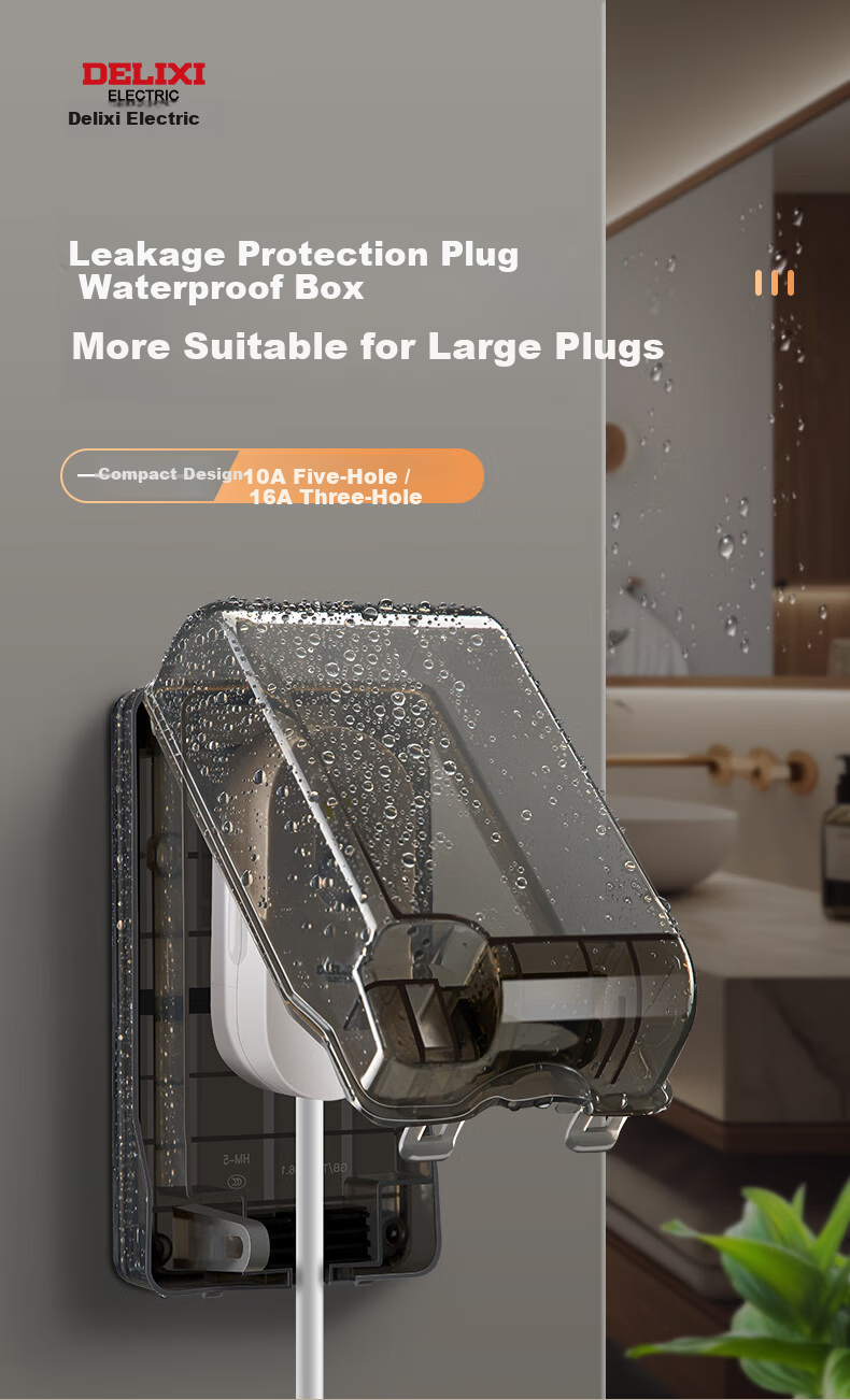 DELIXI Waterproof Socket Cover for Water Heater with Leakage Protection, Large Plug Anti-Splash Box, Three-Hole 16A Socket, White 1