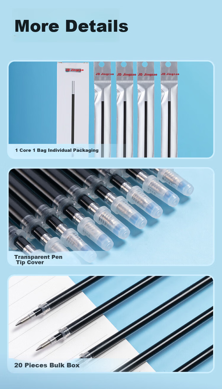 JD Jingzao Cap-Removable Neutral Pen Refills Bullet Tip 0.5mm Black 20-Pack Imported Ink Office Pen Refills Quick-Dry Anti-Bleed Compatible with Classic Cap-Removable Neutral Pens 10