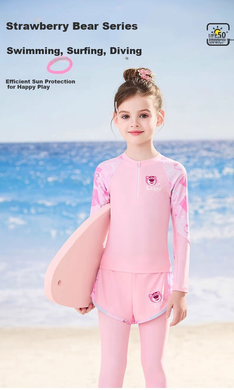 Disney Girls' Two-Piece Long Sleeve Long Pants Swimwear Sun Protection A-Class Bathing Suit D35198 Pink Size 110 1