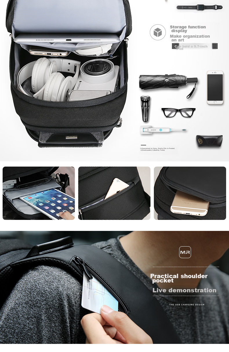 MARK RYDEN Chest Bag, Men's Crossbody Bag, Sports Trendy Shoulder Bag, Small Backpack, 9.7-Inch IPad Bag, MR7056, Elegant Black 7