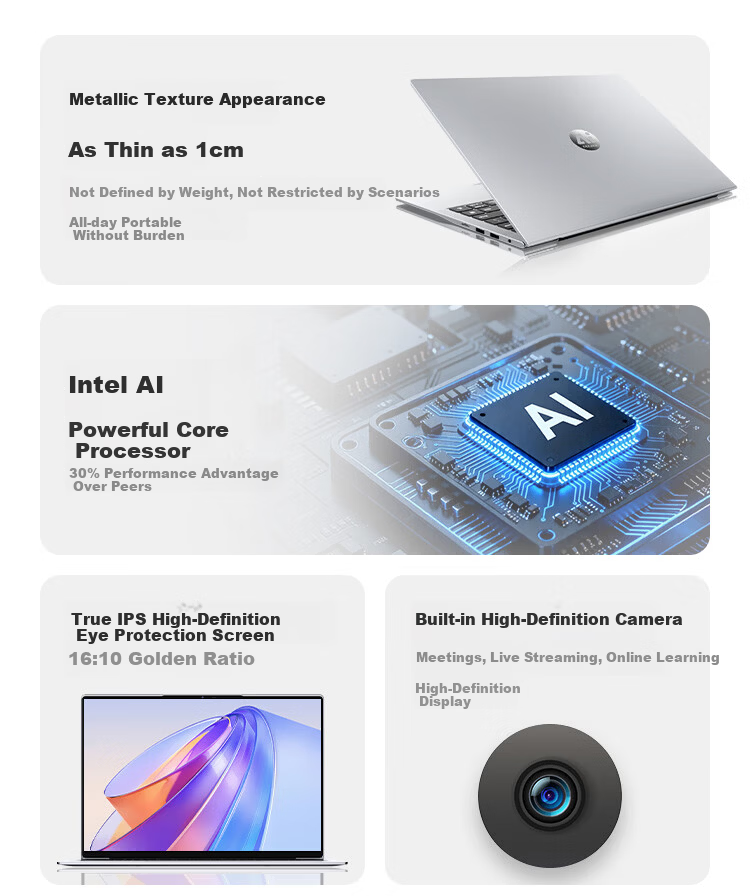 AIERXUAN AI Laptop Lightweight 2026 New 14-inch Business Office Student Online Course Notebook Core i3 Silver 16GB RAM + 512GB SSD 4