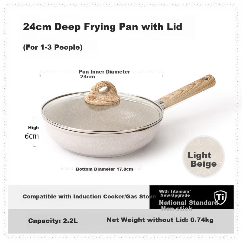 CaROTE Maifan Stone Non-Stick Titanium Frying Pan 24cm for Home Use Steak Pan Small Egg Pancake Pan Induction Cooker Compatible