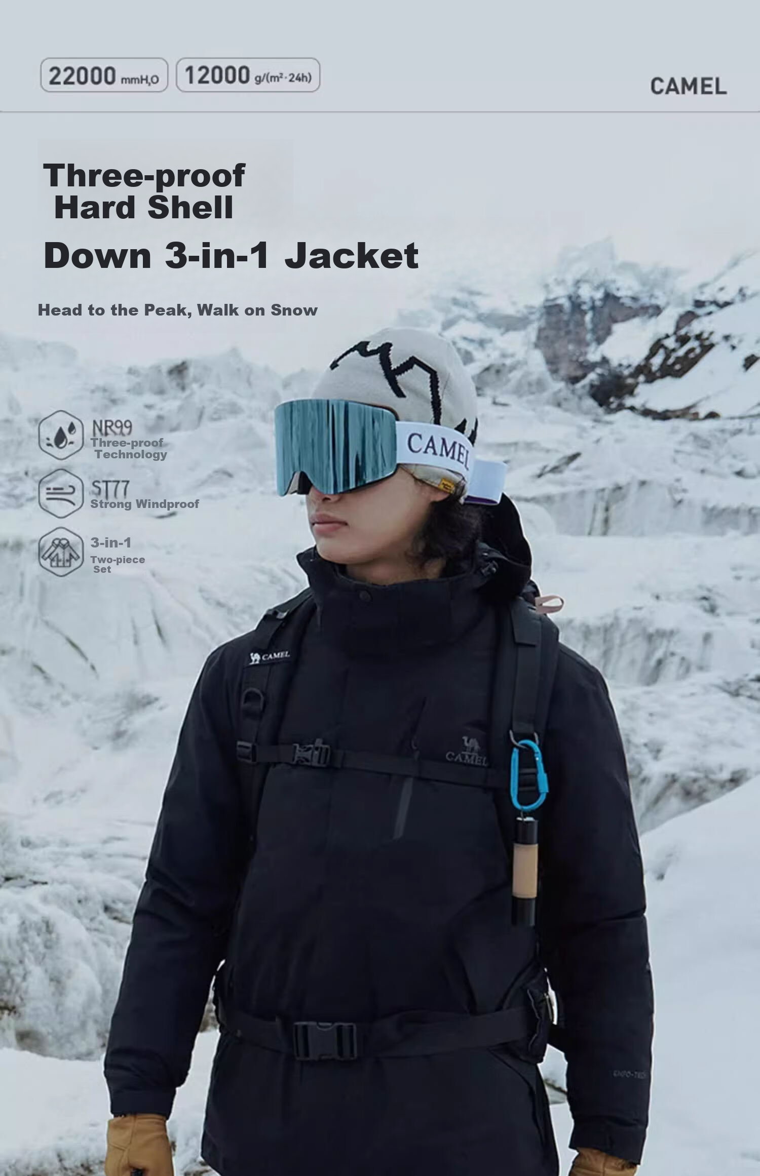 CAMEL Outdoor Three-in-One Waterproof Down Jacket Women's and Men's Mountaineering Coat AD22263513A 2