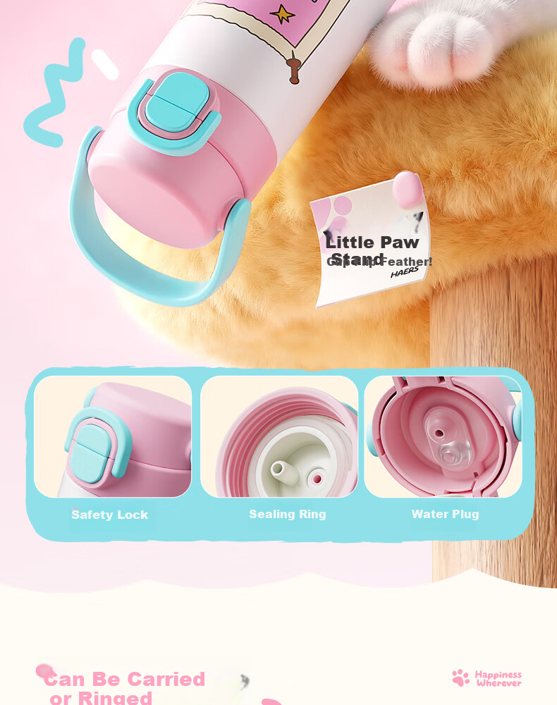 HAERS Kids Insulated Water Bottle Girls High-Quality 316L Stainless Steel Portable Straw Cup Cheese Custard 500ml 9