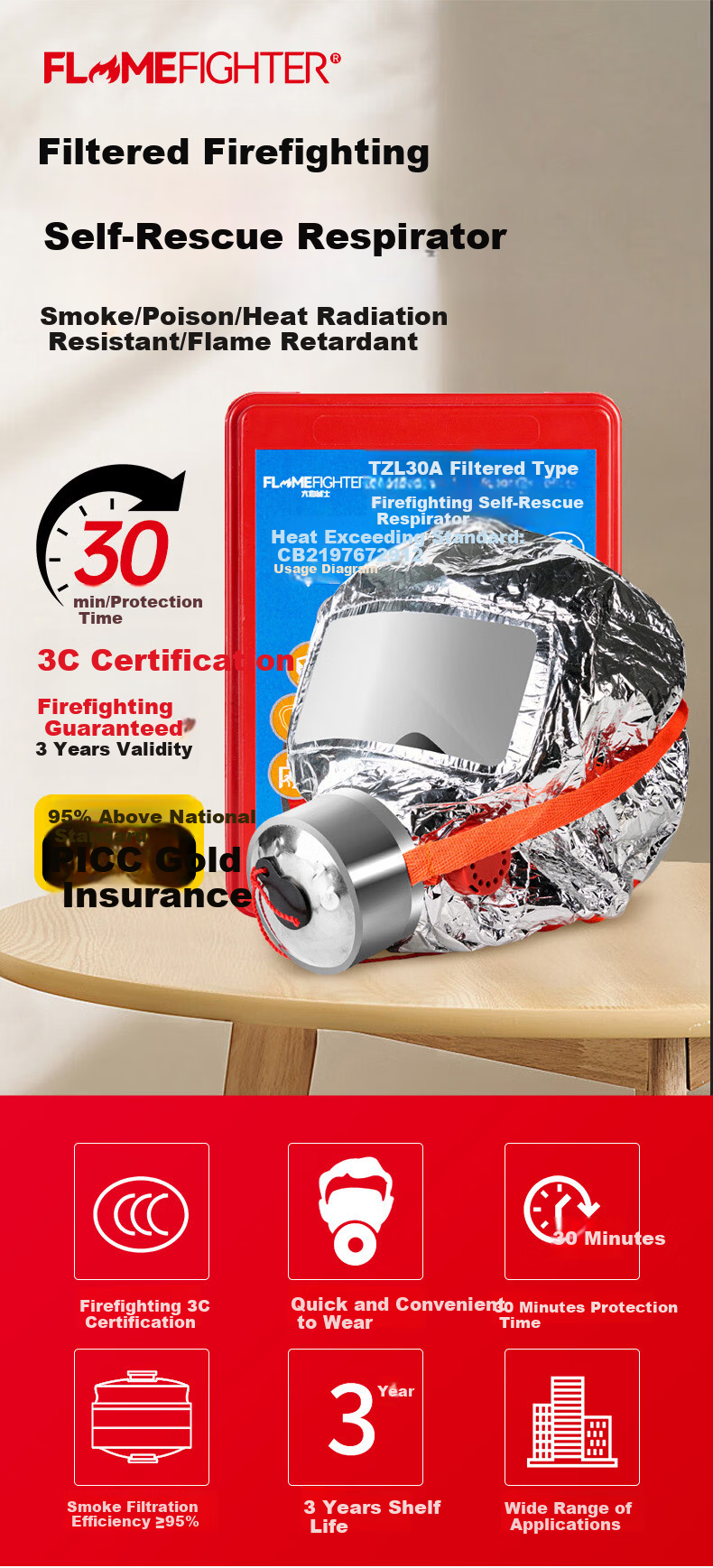 Flame Warrior Gas Mask Fire Smoke Fireproof Mask 3C Certified Escape Filter Self-Rescue Respirator TZL30A 1