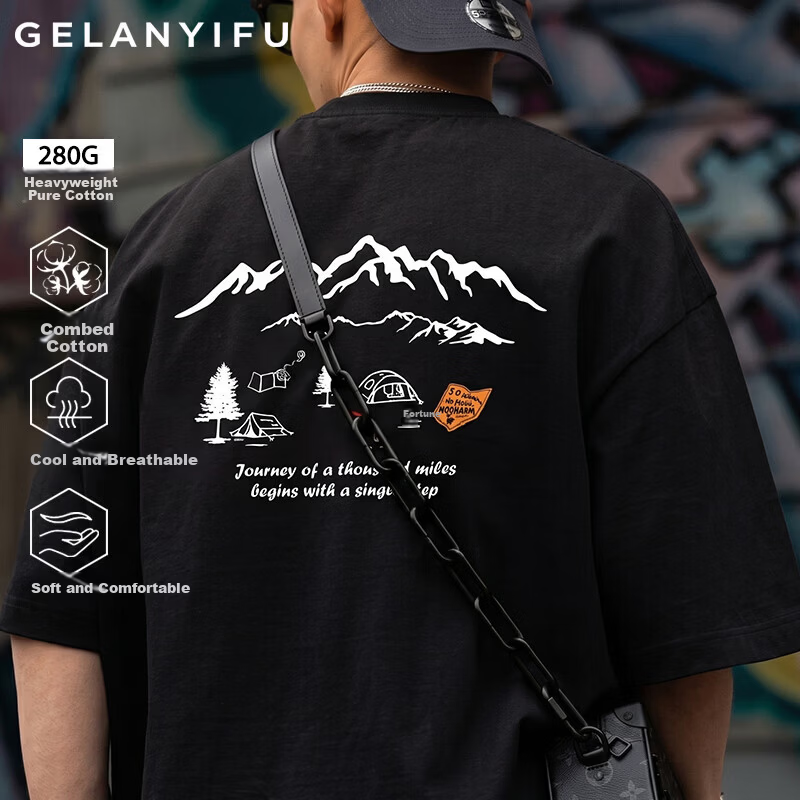 GELANYIFU Men's Short Sleeve T-Shirt Summer Japanese Style Loose Trendy American Casual Heavyweight Pure Cotton Basic Tee