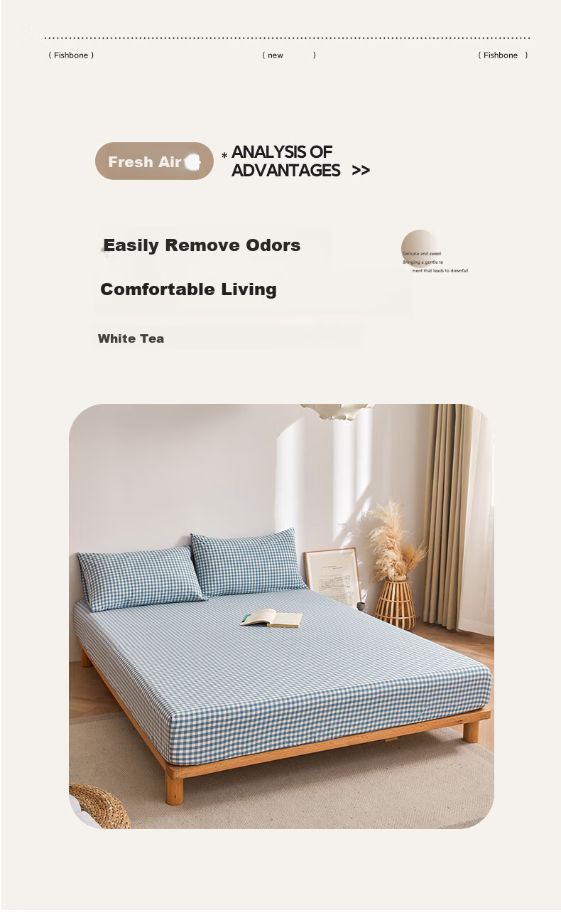 Wuyinliangpin Class A 100% Pure Cotton Fitted Sheet, Single Piece, 1.8x2 Meter Double Bed Cover, Protective Case, Full Coverage Fitted Sheet, Blue Small Check Patter 4