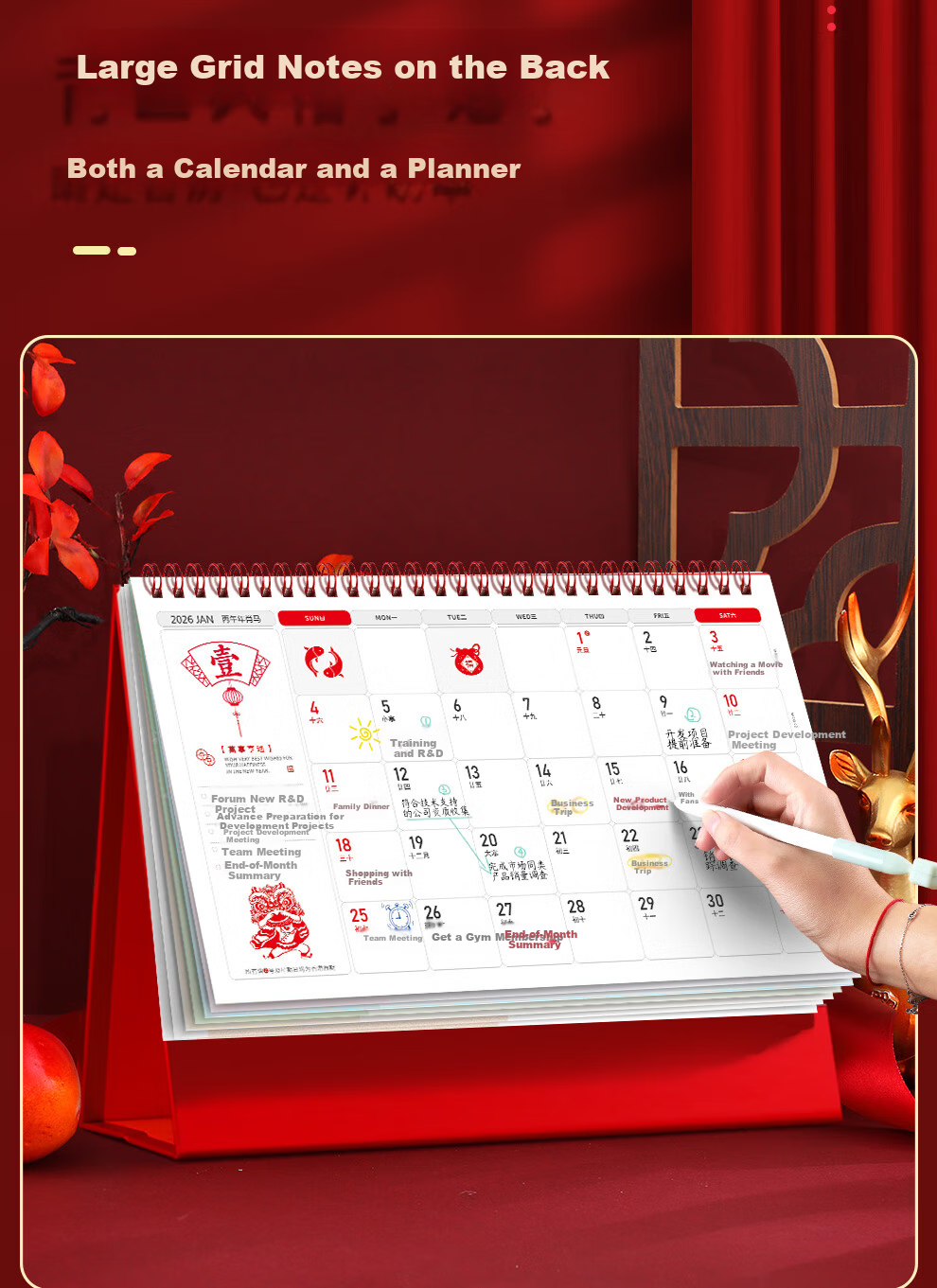 Langjie 2026 Desk Calendar Red Horse Year Monthly Large Grid Writing Planner Office Desktop Calendar Customizable 9