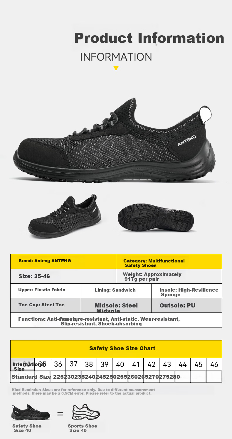 ANTENG Men's Summer Safety Shoes Steel Toe Anti-Smash National Standard Anti-Static Lightweight Breathable Comfortable Safety Shoes AS08 [Anti-Smash/Anti-Static] Size 38 9