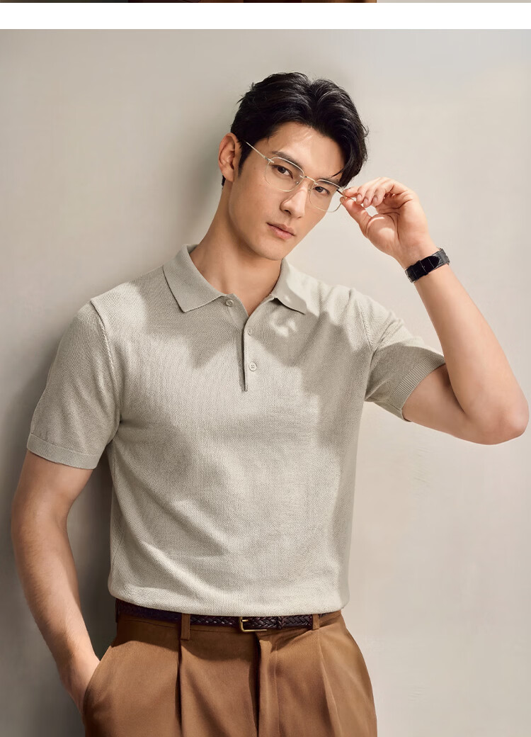JD Jingzao Men's Premium Short Sleeve T-Shirt Silk Linen Cotton Polo Shirt Mulberry Silk Summer New Father's Day Gift Frost Apricot M 11