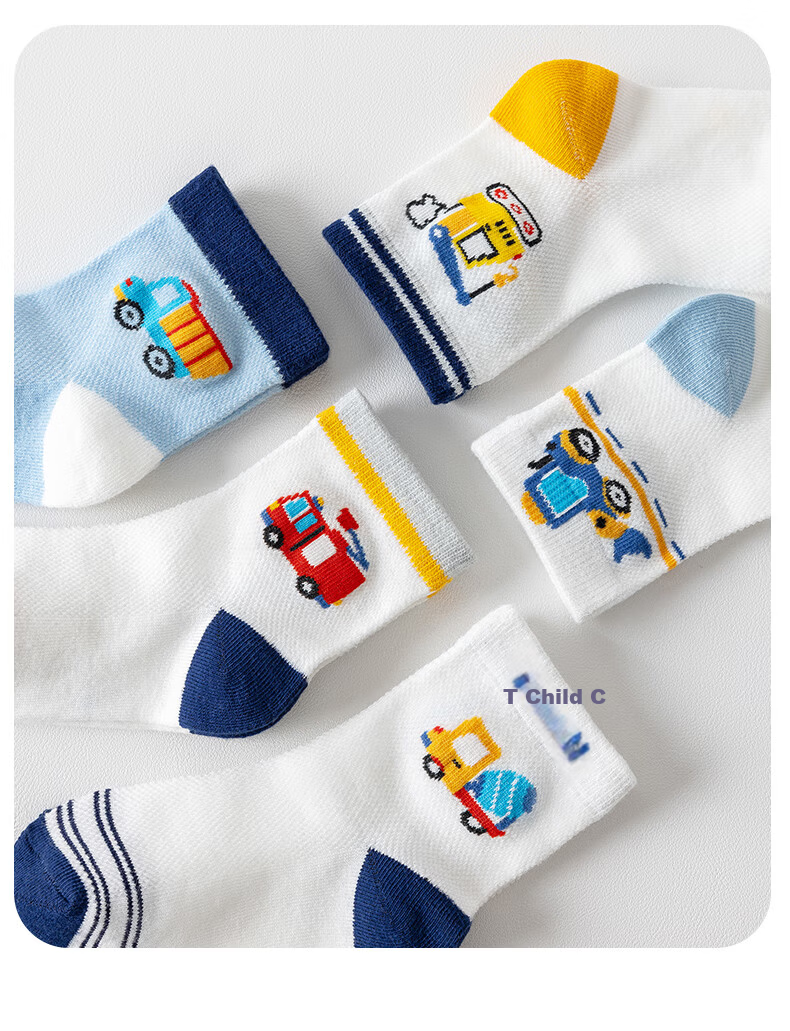 Xueqiman Children's Socks Spring and Autumn New Mesh Soft Cotton Mid-Calf Cartoon Excavator Socks for Boys and Girls Babies 5