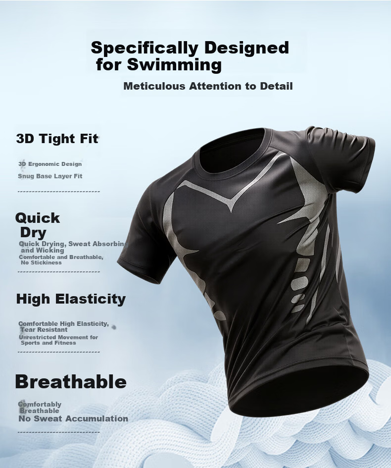 BURUITE Men's Swimwear Anti-Embarrassment Top Swimming Gear Youth Hot Spring Short Sleeve Tight T-Shirt Quick-Dry New Model 4