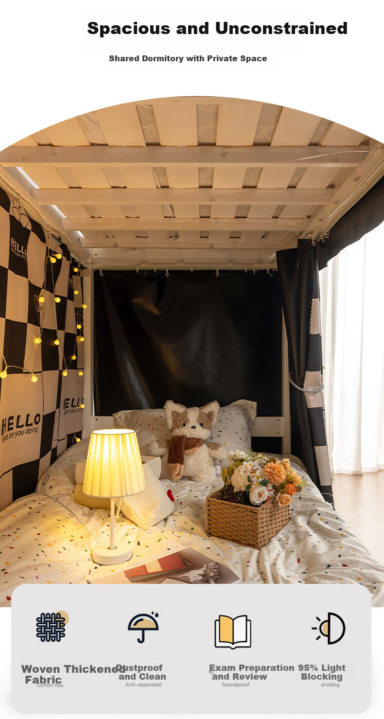 Mengshina Dormitory Bed Curtain Lower Bunk U-Shaped Track Strong Light-Blocking Student Curtain Black Check Bear / 2 Panels + Bed Valance 18