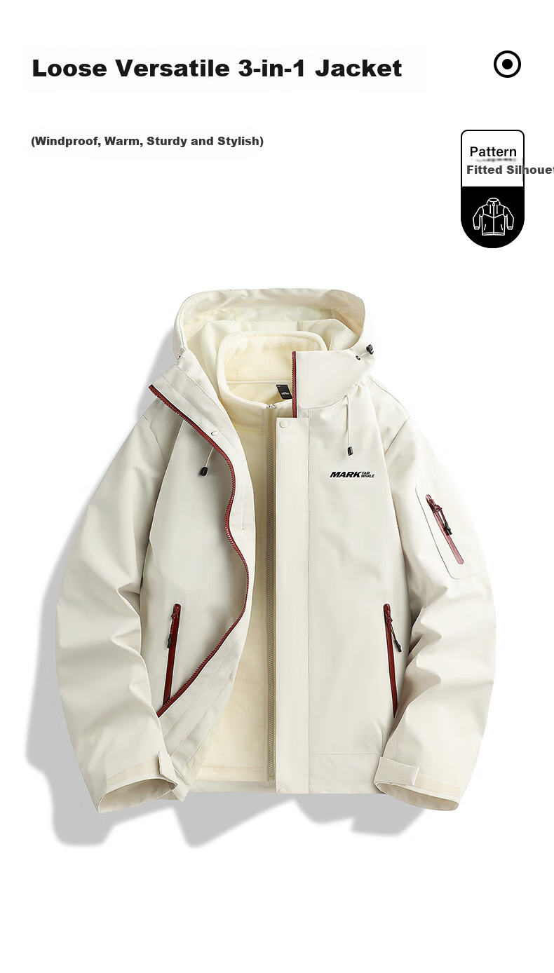 MARK FAIRWHALE 3-in-1 Detachable Jacket Unisex 2025 Autumn Winter Outdoor Water-Repellent Workwear Khaki XL 1