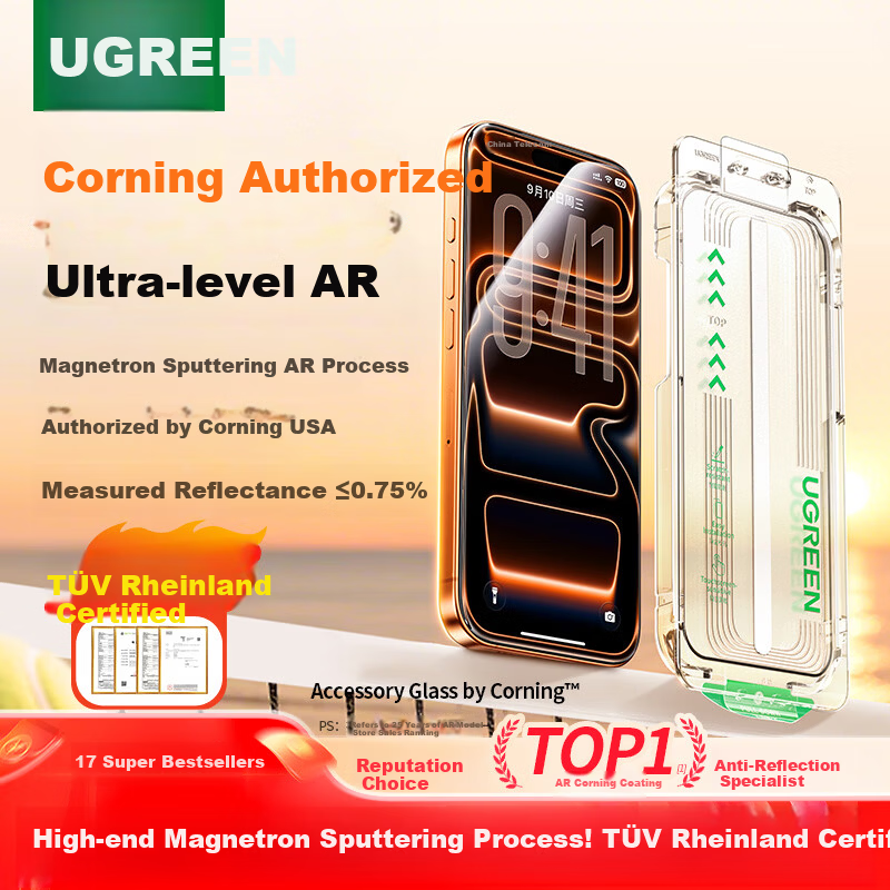 Ugreen AR Corning Film [Magnetron Sputtering AR Reflectance ≤0.75%] for iPhone 17 Pro Max Tempered Glass Screen Protector, Apple 17 Pro Max Anti-Drop, Anti-Fingerprint, Dust-Free Packaging