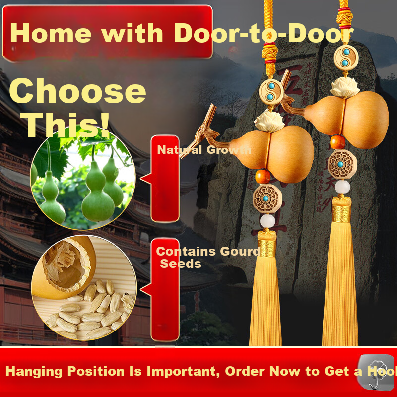 Binyue Natural Gourd Feng Shui Hanging Ornament, Five Emperors Coins Entrance Door Pair Hanging Ornament, Huangyang Wood Hanging Dragon Gourd, 2 Strings Set