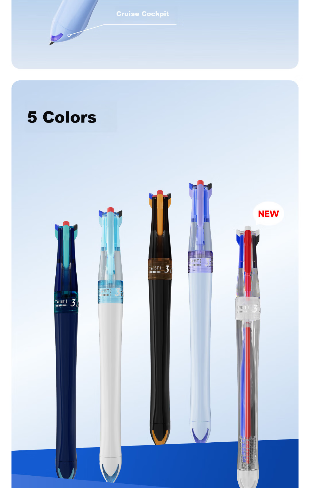 Dianshi Pen Cruise Time Capsule Tri-Color 0.5mm Retractable Dual-Ball Quick-Dry Gel Pen Black Blue Red Multifunctional Student Office Supplies 6254 [1 Pen 3 Refills] White Blue Barrel 10