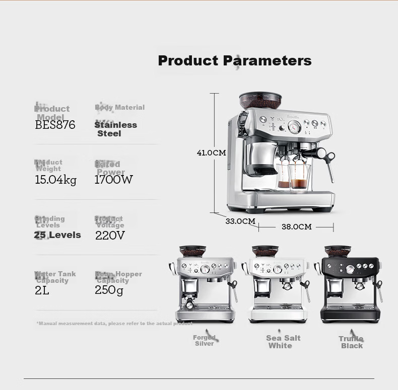Breville BES876 Semi-Automatic Espresso Machine Home Italian Integrated Grinder and Milk Frother Smart Tamper Assistance System Large Capacity Water Tank 25-Level Grinder White 11