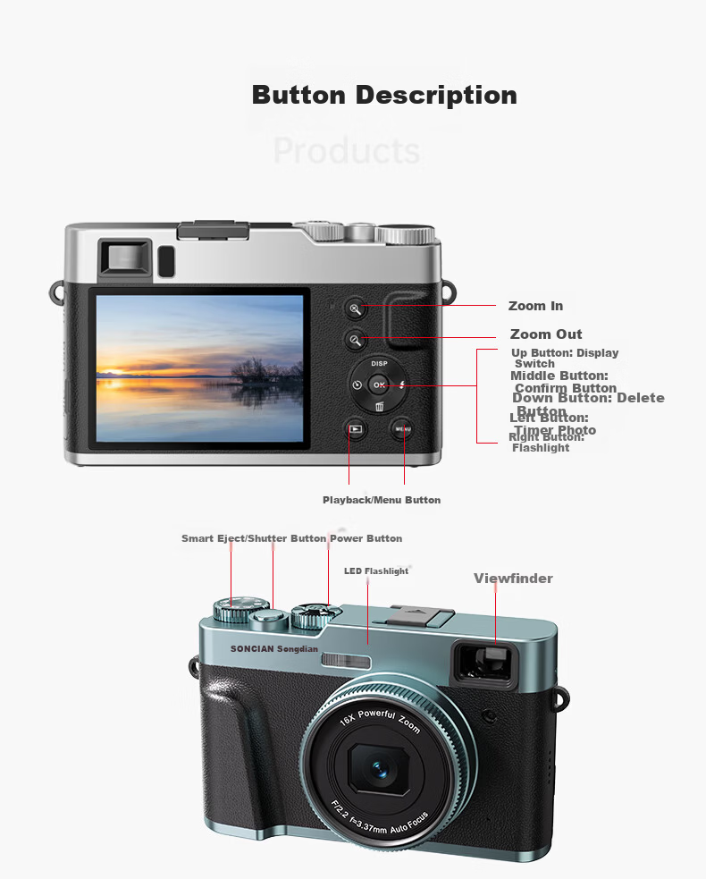 SONGDIAN Vlog Digital Camera, Retro Mirrorless Portable Camera, High-Definition Viewfinder, Student All-In Camera DC202 Official Standard Configuration with 16GB Memory 17