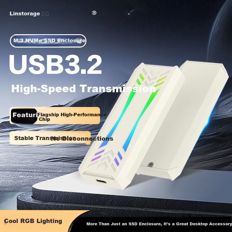 LINSTORAGE M.2 NVMe SSD Enclosure Type-C 3.2 Portable Hard Drive Case Aluminum Alloy RGB Cooling External SSD Case for Laptop and Mobile Phone